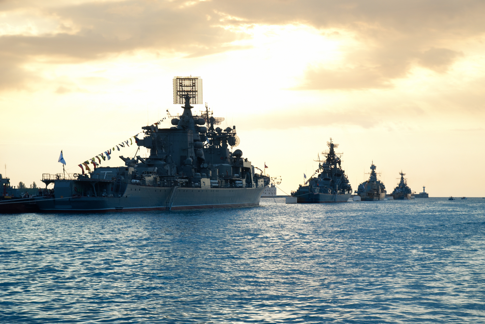 Row of military ships: underwater sonar